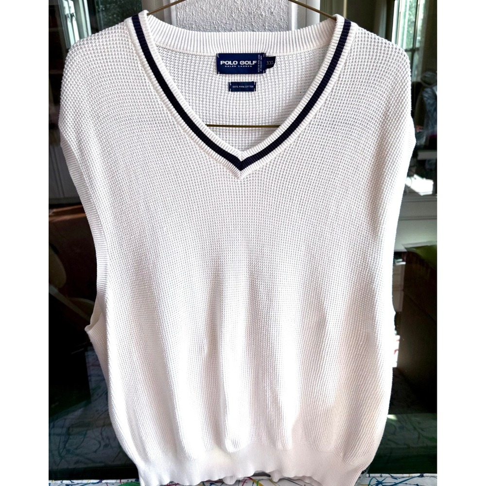 Polo Golf Ralph Lauren XXL Pima Cotton Sweater Vest White Navy V-Neck